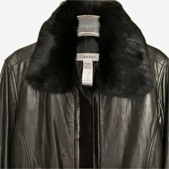 Calvin Klein Stylish Black Leather Jacket Short Coat Fur Collar Womens Small - Picture 5 of 14